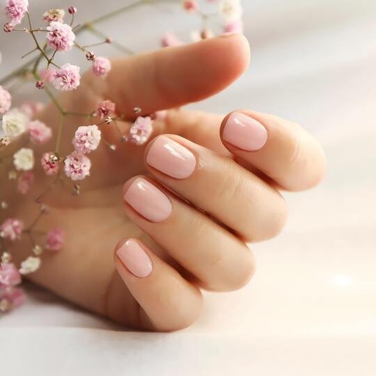 Elegant Nude Pink Classic Manicure – Moon Nail Spa Singapore Classic nude pink manicure with glossy finish – Moon Nail Spa Singapore.